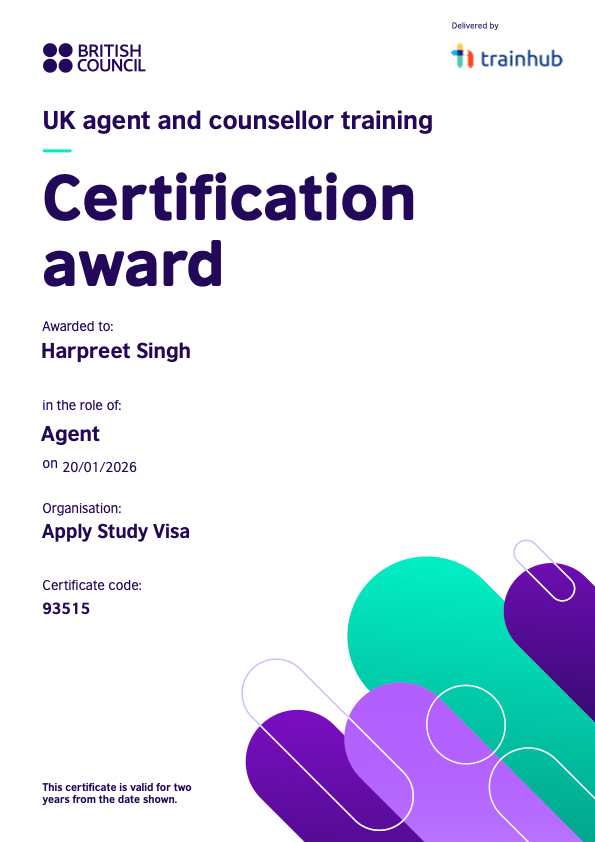 British Council UK Agent and Counsellor Training certification awarded to Apply Study Visa